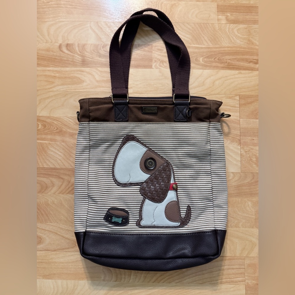 Chala  brown pinstriped canvas tote style purse with  dog design